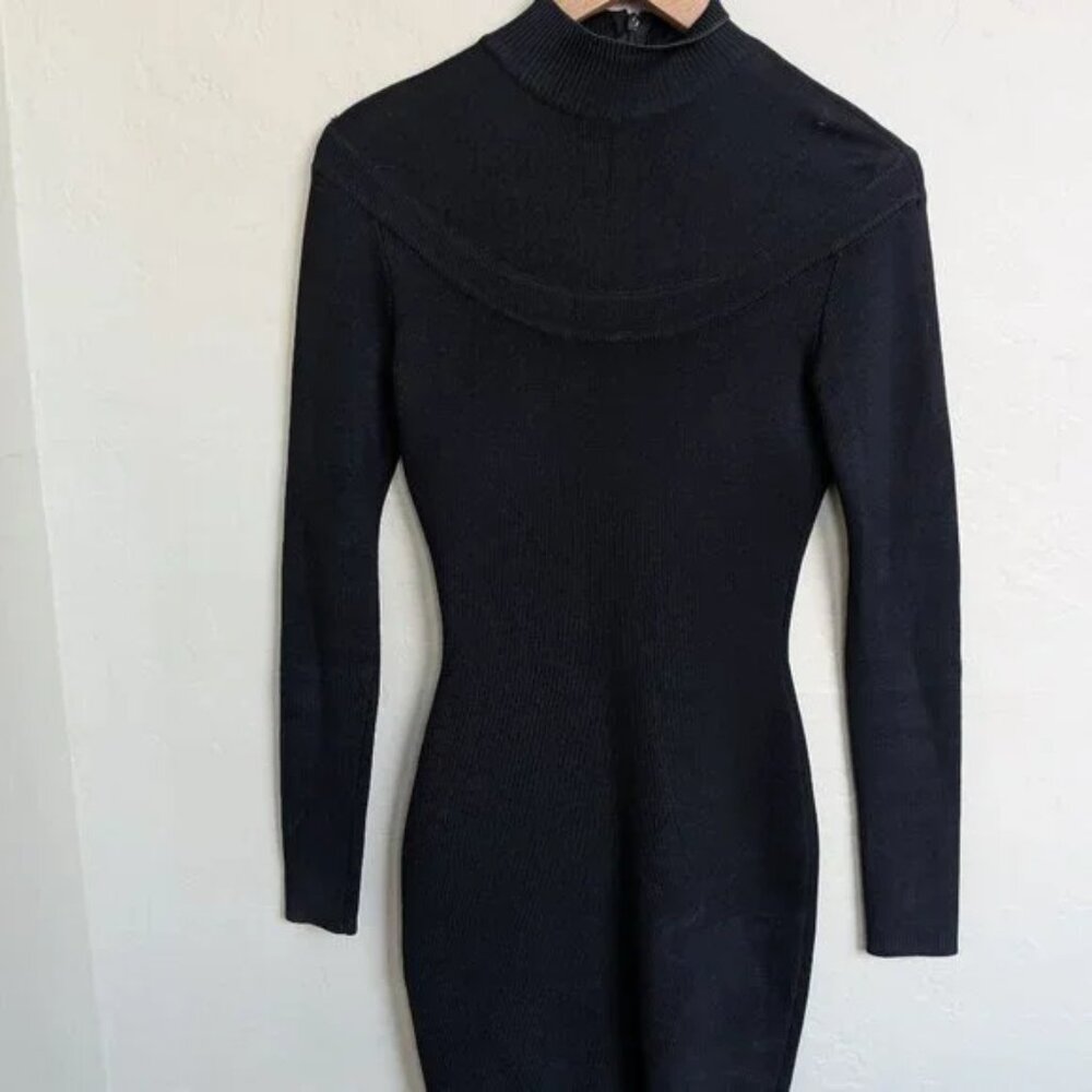 Wayne Rogers Black Ribbed Knit Bodycon Dress – Long Sleeve